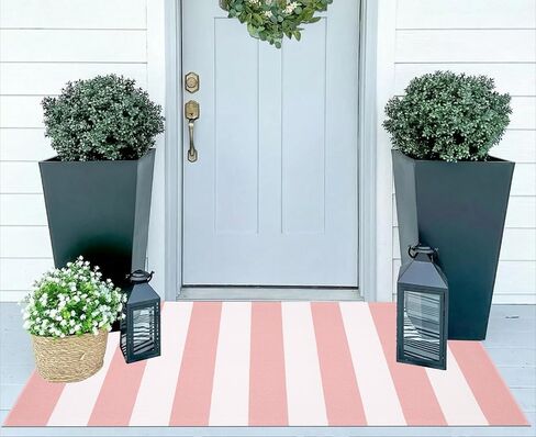 Front Door Mat 24"x51",Pink and White Striped Layered Doormat Cotton Woven Washable Indoor Outdoor Porch Rug Farmhouse Small Area Rug for Porch/Entryway/Home Entrance Decor in Kuwait
