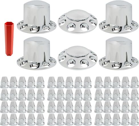 waltyotur Chrome Plastic Front & Rear Complete Axle Wheel Cover Kits with 33mm Thread-on Lug Nuts Set of 6 for Semi Trucks 2 for Front and 4 for Rear in Saudi Arabia