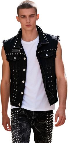 Men's Sleeveless Studded Punk Rocker Biker Denim Vest Jacket With Rivets in Saudi Arabia