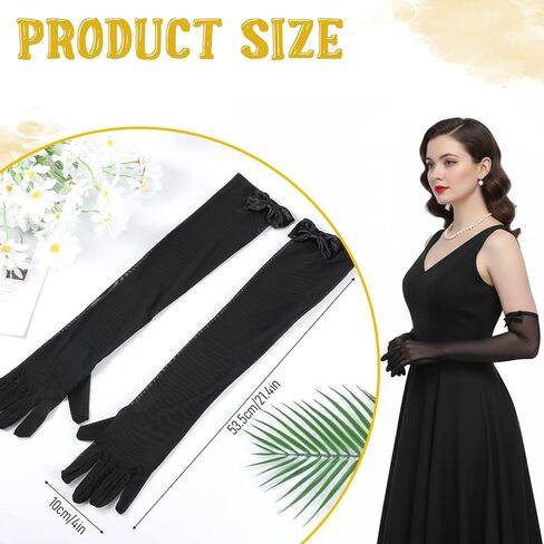 قفازات نسائية طويلة شفافة سوداء قابلة للتمدد مع عقدة من الساتان، قفازات شبكية من التول بطول الكوع للنساء لحفلات الزفاف وحفلات الكوكتيل وأوبرا العشرينيات من القرن العشرين وحفلات الهالوين in Kuwait