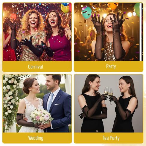 قفازات نسائية طويلة شفافة سوداء قابلة للتمدد مع عقدة من الساتان، قفازات شبكية من التول بطول الكوع للنساء لحفلات الزفاف وحفلات الكوكتيل وأوبرا العشرينيات من القرن العشرين وحفلات الهالوين in Kuwait