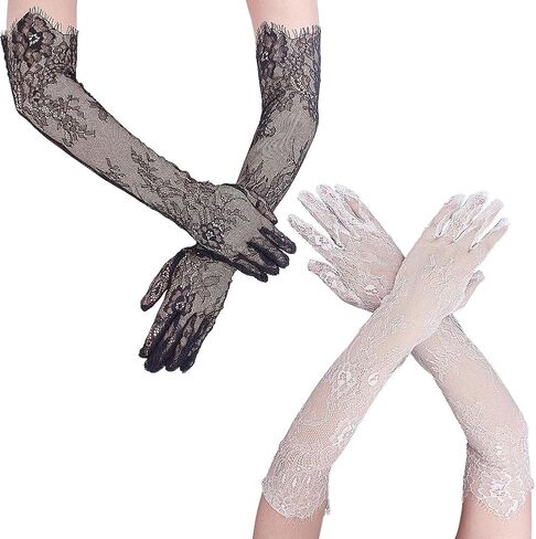 WADORN 2 Colors Women's Long Lace Floral Gloves, Sheer Mesh Tulle Elbow Black White Long Floral Lace Gloves Wedding Bridal Formal Dress Costume Accessory for Opera Party Cosplay Masquerade Tea Party in Saudi Arabia