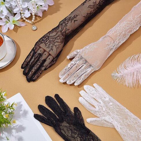 WADORN 2 Colors Women's Long Lace Floral Gloves, Sheer Mesh Tulle Elbow Black White Long Floral Lace Gloves Wedding Bridal Formal Dress Costume Accessory for Opera Party Cosplay Masquerade Tea Party in Saudi Arabia