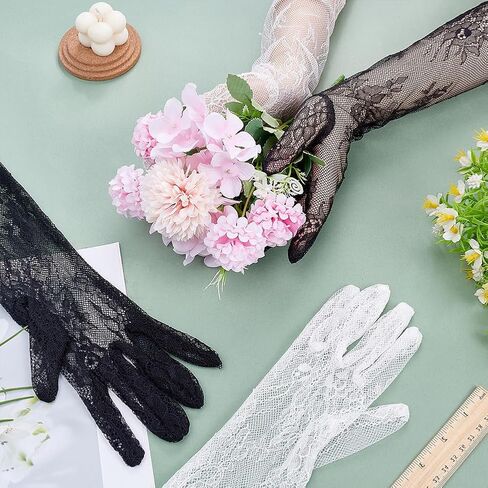 WADORN 2 Colors Women's Long Lace Floral Gloves, Sheer Mesh Tulle Elbow Black White Long Floral Lace Gloves Wedding Bridal Formal Dress Costume Accessory for Opera Party Cosplay Masquerade Tea Party in Saudi Arabia