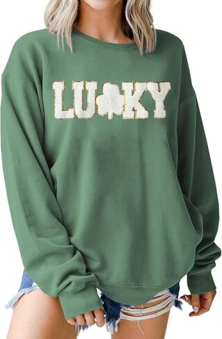 IZYJOY Women St. Patrick's Day Sweatshirt Glitter Lucky Letter Chenille Patch Shirt Crewneck Pullover Oversized Clothes in Saudi Arabia