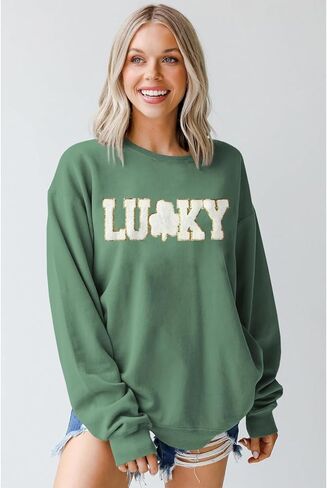 IZYJOY Women St. Patrick's Day Sweatshirt Glitter Lucky Letter Chenille Patch Shirt Crewneck Pullover Oversized Clothes in Saudi Arabia
