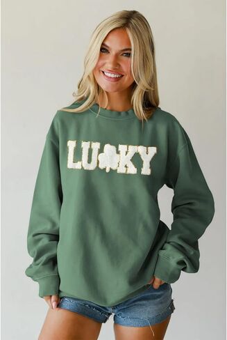 IZYJOY Women St. Patrick's Day Sweatshirt Glitter Lucky Letter Chenille Patch Shirt Crewneck Pullover Oversized Clothes in Saudi Arabia