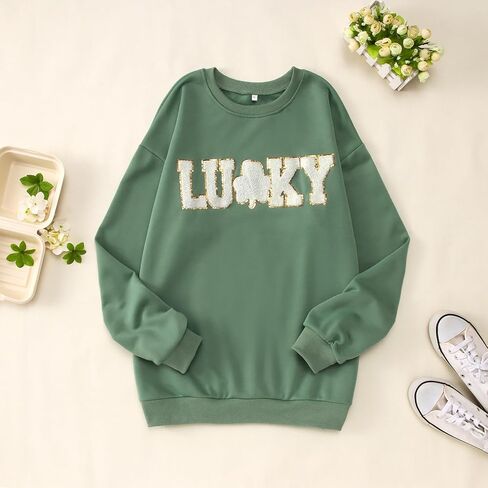 IZYJOY Women St. Patrick's Day Sweatshirt Glitter Lucky Letter Chenille Patch Shirt Crewneck Pullover Oversized Clothes in Saudi Arabia