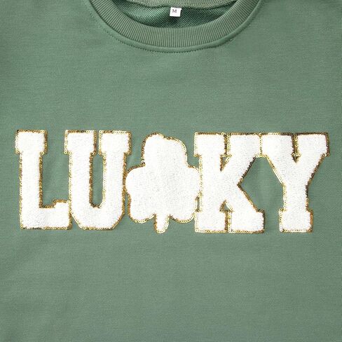 IZYJOY Women St. Patrick's Day Sweatshirt Glitter Lucky Letter Chenille Patch Shirt Crewneck Pullover Oversized Clothes in Saudi Arabia