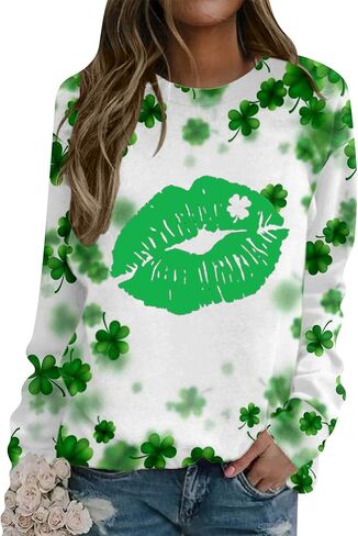 سويت شيرت EFOFEI للسيدات من St. Patricks Day Shamrock، قميص برسومات البرسيم الإيرلندي مقاس كبير بأكمام طويلة in Kuwait