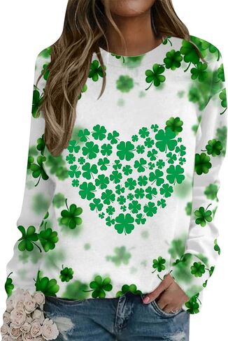 سويت شيرت EFOFEI للسيدات من St. Patricks Day Shamrock، قميص برسومات البرسيم الإيرلندي مقاس كبير بأكمام طويلة in Kuwait