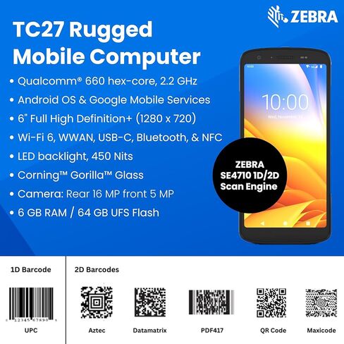 ماسح الباركود المحمول زيبرا TC27 | شاشة لمس 6 بوصات | WiFi 6، 5G Cellular (مفتوحة)، GPS، Bluetooth، NFC، USB-C | Android محمول | ماسح باركود مدمج 1D/2D/QR (متجدد) in Kuwait