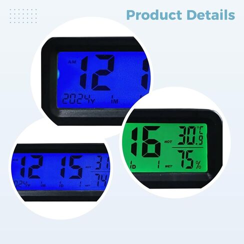 Digital Dashboard Clock for Vehicles, Solar-Powered LCD with Temperature & Humidity Display, Easy Installation in Kuwait