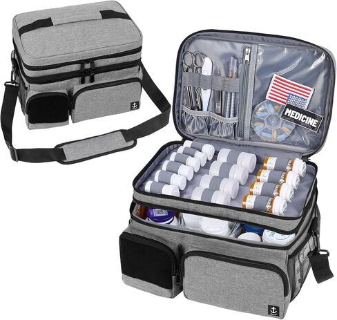 حقيبة طبية مزدوجة الطبقات لتنظيم زجاجات حبوب الدواء مع سحاب قابل للقفل، منظم أدوية السفر مع أشرطة كتف ناعمة لزجاجات حبوب الدواء، واللوازم الطبية (الحقيبة فقط) in Kuwait