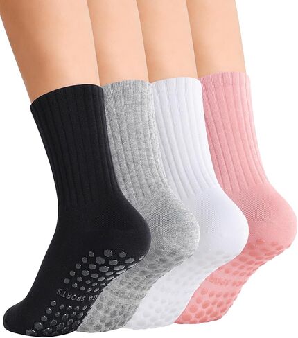جوارب SIONCY بيلاتيس للنساء مع مقابض غير قابلة للانزلاق، جوارب يوجا دائرية لتمارين الباليه والرقص في المستشفى، 4 أزواج in Kuwait