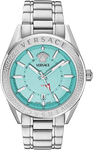ساعة فيرساتشي V-Code GMT Collection الفاخرة للرجال مع سوار فضي يتميز بهيكل من الفولاذ المقاوم للصدأ وميناء أزرق in Saudi Arabia