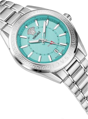 ساعة فيرساتشي V-Code GMT Collection الفاخرة للرجال مع سوار فضي يتميز بهيكل من الفولاذ المقاوم للصدأ وميناء أزرق in Saudi Arabia