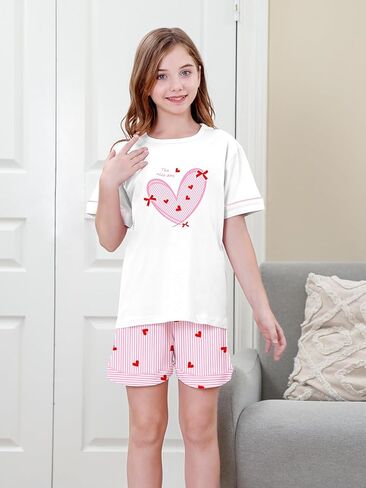 Umeyda Pajamas for Girls Patterned Short Sleeve Top and Short Nightwear 100% Cotton Pajama Set, Pink Heart Striped, 11-12 Years = Tag 160 in Saudi Arabia