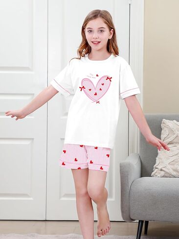 Umeyda Pajamas for Girls Patterned Short Sleeve Top and Short Nightwear 100% Cotton Pajama Set, Pink Heart Striped, 11-12 Years = Tag 160 in Saudi Arabia