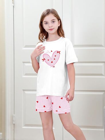 Umeyda Pajamas for Girls Patterned Short Sleeve Top and Short Nightwear 100% Cotton Pajama Set, Pink Heart Striped, 11-12 Years = Tag 160 in Saudi Arabia