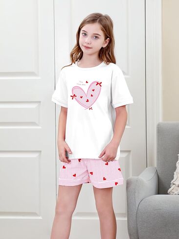Umeyda Pajamas for Girls Patterned Short Sleeve Top and Short Nightwear 100% Cotton Pajama Set, Pink Heart Striped, 11-12 Years = Tag 160 in Saudi Arabia