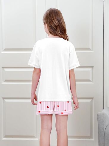Umeyda Pajamas for Girls Patterned Short Sleeve Top and Short Nightwear 100% Cotton Pajama Set, Pink Heart Striped, 11-12 Years = Tag 160 in Saudi Arabia