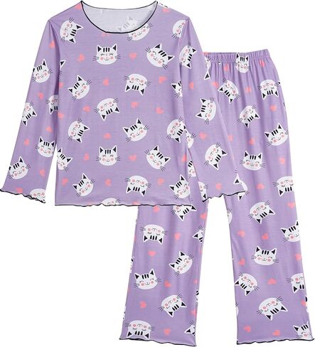 Vopmocld الفتيات كبيرة طويلة الأكمام السراويل الطويلة بيجامة مجموعات أنماط لطيف Jammies مزيج القطن متموج ملابس خاصة مع جيوب in Kuwait