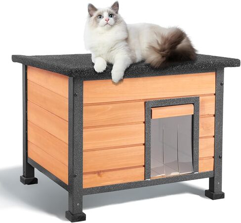 Heated Outdoor Cat House with Heating Pad - Weatherproof Winter Insulated Shelter for Outdoor Cats with Escape Door & PVC Flap, All-Steel Frame and Wooden Construction, Brown in Kuwait