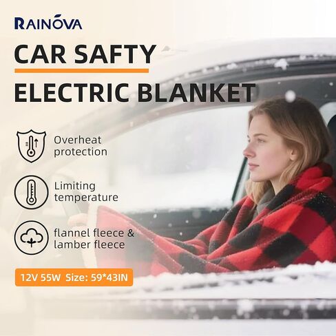 RAINOVA 12V Car Heated Blanket, 59"x 43" Electric Travel Throw with 84.65" Extended Cord, Birthday, Dual-Sided Flannel & Lambswool, Overheat Protection & EMC Certified in Saudi Arabia