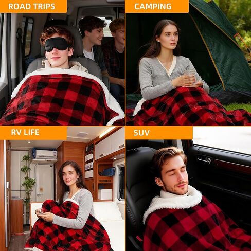 RAINOVA 12V Car Heated Blanket, 59"x 43" Electric Travel Throw with 84.65" Extended Cord, Birthday, Dual-Sided Flannel & Lambswool, Overheat Protection & EMC Certified in Saudi Arabia