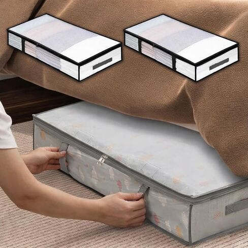 2PCS Under Bed Fabric Zipper Blanket Storage Container Bags with Handles, Dustproof Organizer for Blankets/Clothes/Seasonal Items with Zipper, Black in Saudi Arabia
