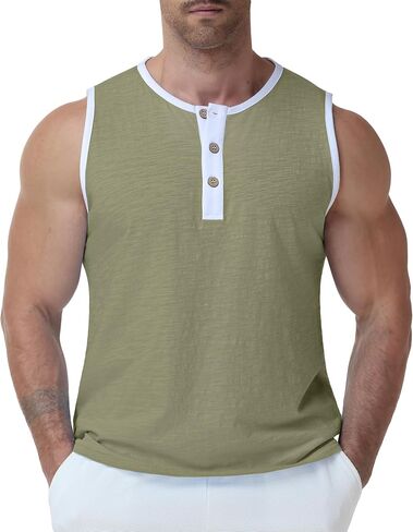 Susclude Mens Henley Tank Tops Summer Cotton Muscle Shirts Sleeveless Gym Casual Tee Acid Wash Workout Beach Loose Fit Top in Saudi Arabia