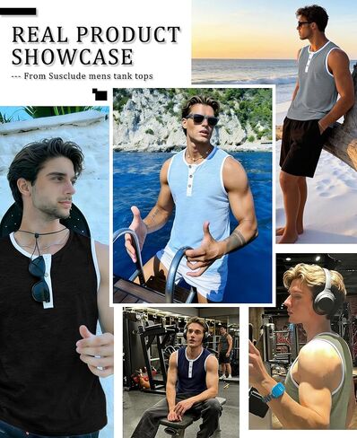 Susclude Mens Henley Tank Tops Summer Cotton Muscle Shirts Sleeveless Gym Casual Tee Acid Wash Workout Beach Loose Fit Top in Saudi Arabia