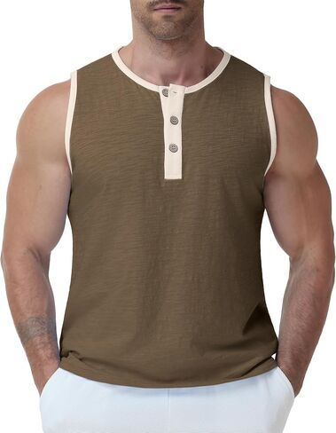 Susclude Mens Henley Tank Tops Summer Cotton Muscle Shirts Sleeveless Gym Casual Tee Acid Wash Workout Beach Loose Fit Top in Saudi Arabia
