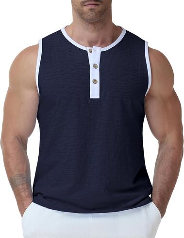 Susclude Mens Henley Tank Tops Summer Cotton Muscle Shirts Sleeveless Gym Casual Tee Acid Wash Workout Beach Loose Fit Top in Saudi Arabia