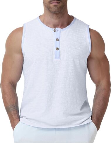 Susclude Mens Henley Tank Tops Summer Cotton Muscle Shirts Sleeveless Gym Casual Tee Acid Wash Workout Beach Loose Fit Top in Saudi Arabia