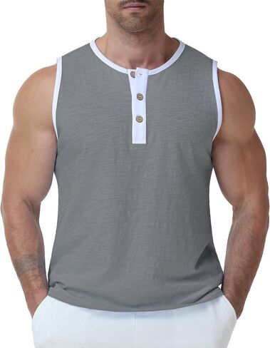 Susclude Mens Henley Tank Tops Summer Cotton Muscle Shirts Sleeveless Gym Casual Tee Acid Wash Workout Beach Loose Fit Top in Saudi Arabia