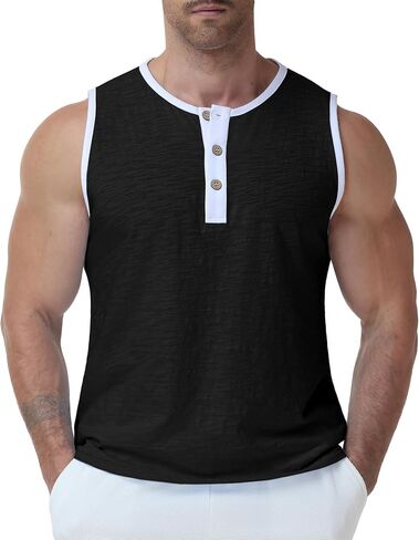 Susclude Mens Henley Tank Tops Summer Cotton Muscle Shirts Sleeveless Gym Casual Tee Acid Wash Workout Beach Loose Fit Top in Saudi Arabia