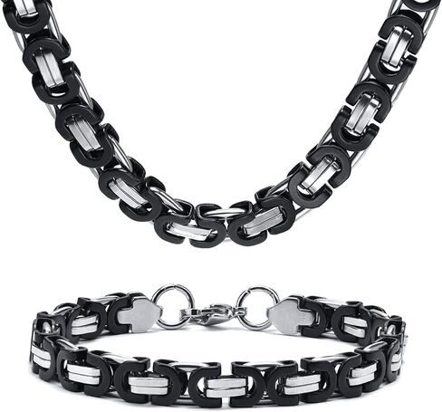 MPRAINBOW Flat Byzantine Bracelet Necklace Sets - Punk Cool Link Chain Bracelet & Necklace,316L Stainless Steel 6/8/10/11mm Width 24 inch Length Chain for Men Women,Hip Hop Jewelry in Saudi Arabia