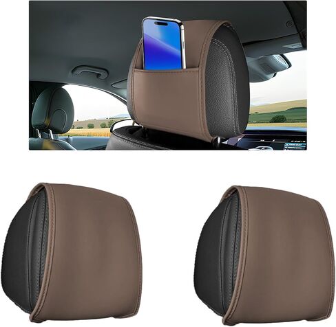 2PCS Car Headrest Cover with Pocket, All Season Leather Headrest Covers for Cars, Anti-Stain Automotive Front Seat Head Rest Protector Organizer for Phones & Cards, Car Accessories (Black) in Saudi Arabia