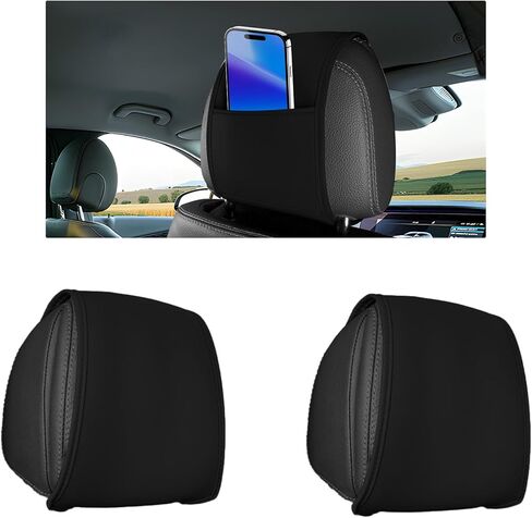 2PCS Car Headrest Cover with Pocket, All Season Leather Headrest Covers for Cars, Anti-Stain Automotive Front Seat Head Rest Protector Organizer for Phones & Cards, Car Accessories (Black) in Saudi Arabia