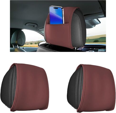 2PCS Car Headrest Cover with Pocket, All Season Leather Headrest Covers for Cars, Anti-Stain Automotive Front Seat Head Rest Protector Organizer for Phones & Cards, Car Accessories (Black) in Saudi Arabia