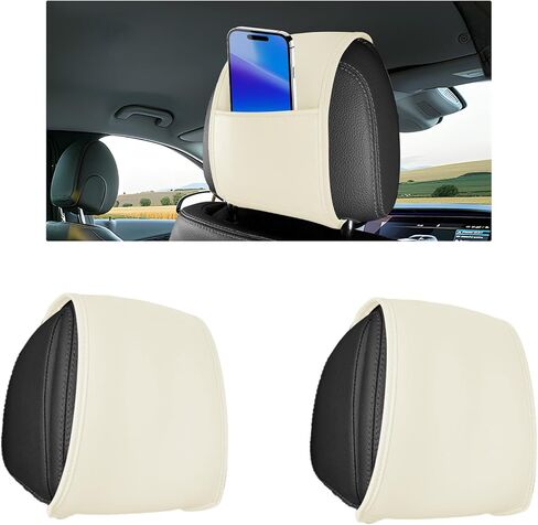 2PCS Car Headrest Cover with Pocket, All Season Leather Headrest Covers for Cars, Anti-Stain Automotive Front Seat Head Rest Protector Organizer for Phones & Cards, Car Accessories (Black) in Saudi Arabia