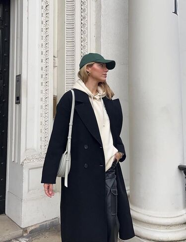 Flygo Womens Long Pea Coat Double Breasted Notch Lapel Trench Coat Office Work Peacoat Jacket Dress Coat(Black-S) in Saudi Arabia