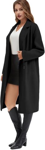 Flygo Womens Long Pea Coat Double Breasted Notch Lapel Trench Coat Office Work Peacoat Jacket Dress Coat(Black-S) in Saudi Arabia