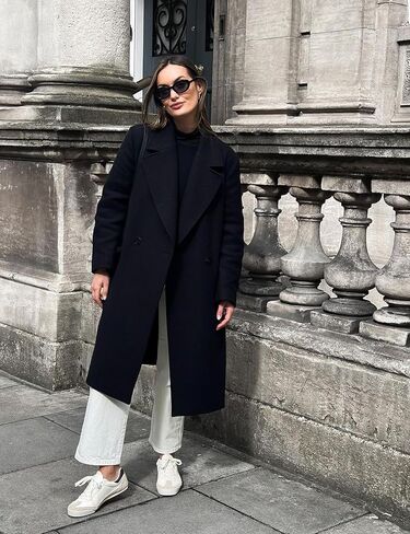 Flygo Womens Long Pea Coat Double Breasted Notch Lapel Trench Coat Office Work Peacoat Jacket Dress Coat(Black-S) in Saudi Arabia
