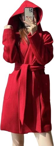 utcoco Women's Winter Belted Wool Coat Open Front Wool Trench Coat with Hood in Saudi Arabia