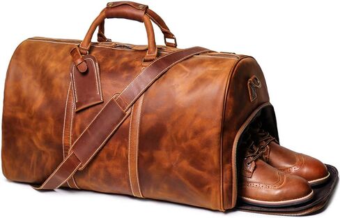 24 Inch Leather Travel Weekend Luggage Bag with Ykk Zipper Mens Duffle Retro Carry on Handbag (Brown) in Saudi Arabia