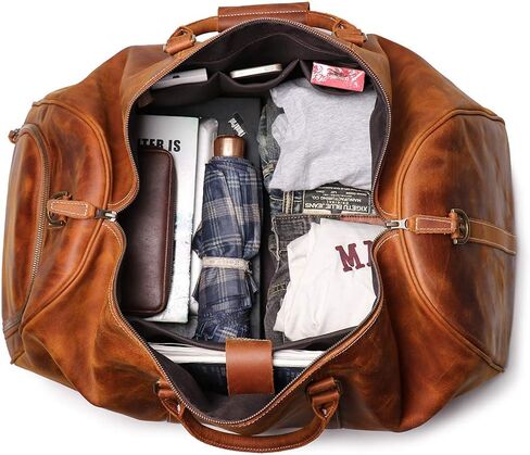 24 Inch Leather Travel Weekend Luggage Bag with Ykk Zipper Mens Duffle Retro Carry on Handbag (Brown) in Saudi Arabia