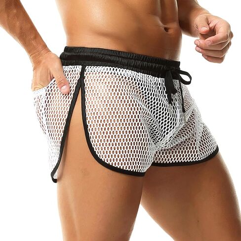 Mens Mesh Boxer Shorts See Through Hot Short Pants Split Side Rave Shorts with Pocket in Saudi Arabia